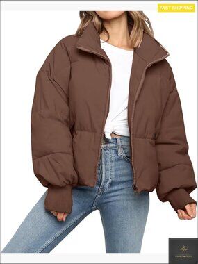 Cropped Puffer Jacket Quilted Oversized Zip Up Winter Coat Long Sleeve